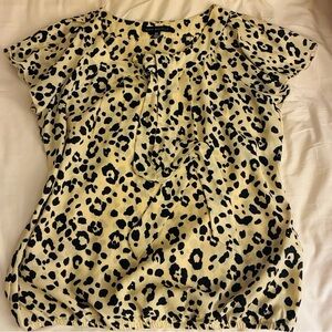 Leopard Print Short Sleeve Blouse - Cream/Black